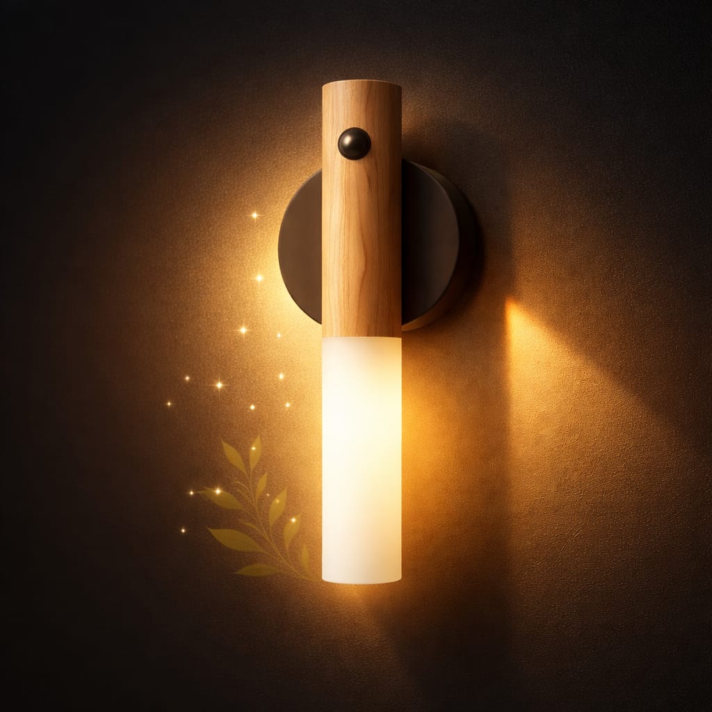 Lampă Nocturnă LED cu Senzor de Mișcare – Lemn Natural, USB, Magnetică