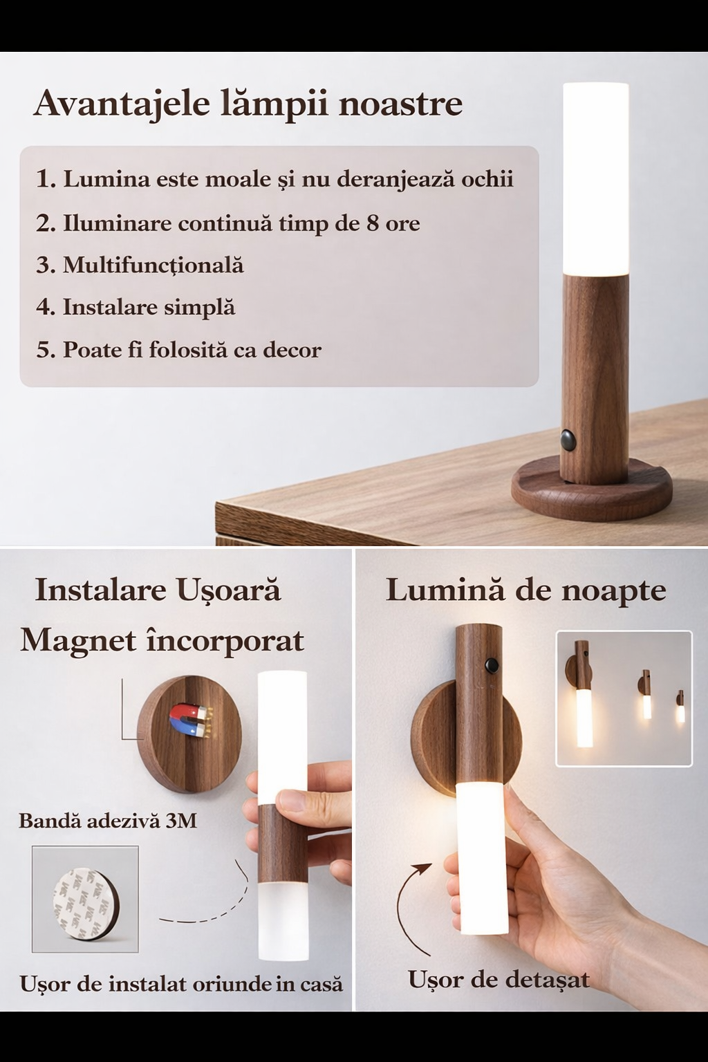 Lampă Nocturnă LED cu Senzor de Mișcare – Lemn Natural, USB, Magnetică