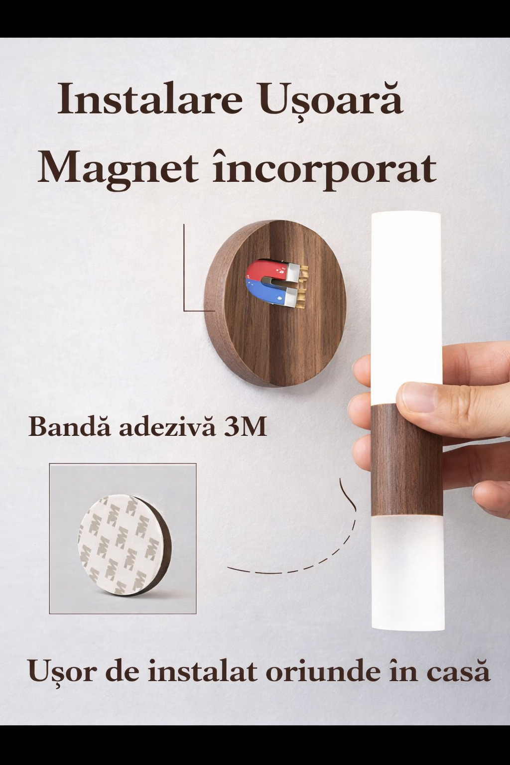 Lampă Nocturnă LED cu Senzor de Mișcare – Lemn Natural, USB, Magnetică